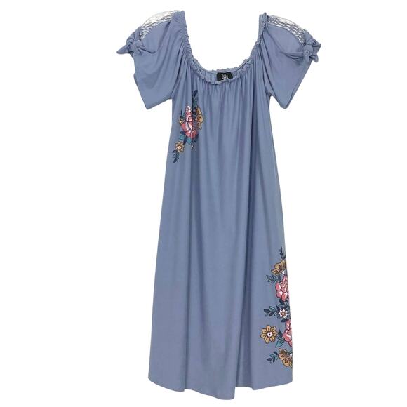NWOT DEREK HEART Dress L Floral Off Shoulder Bow Cold Shoulder Short Sleeve Knee